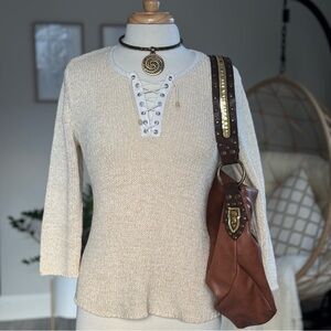 Rafaella Ivory Lace-Up V-Neck Sweater Size S